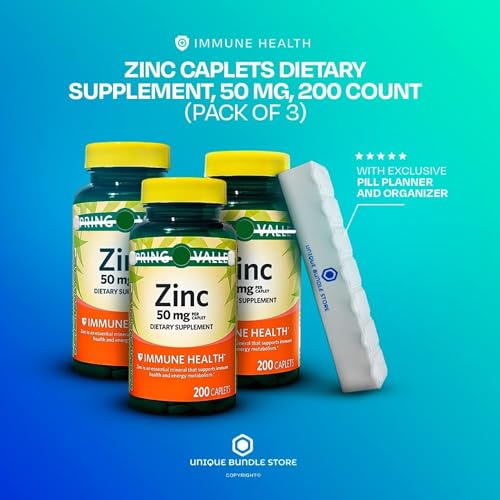 Zinc 50mg, 200 Caplets - Dietary Supplement, Zinc Supplements + 7 Day Pill Organizer Included (Pack of 3)