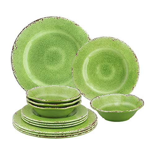 UPware 12-Piece Melamine Dinnerware Set, Includes Dinner Plates, Salad Plates, Bowls, Service for 4 (Crackle, Turquoise)
