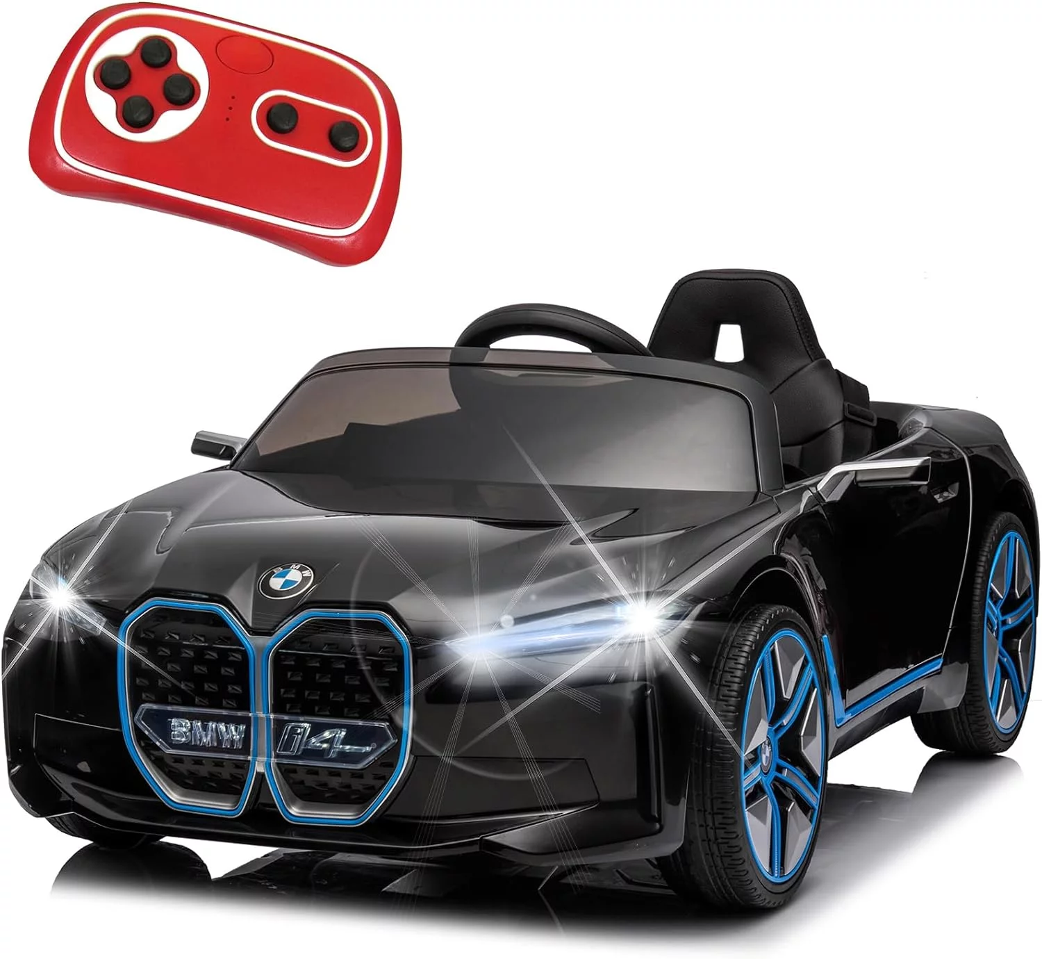 BMW i4 12V Kids Electric Ride-On Car with 2.4G Remote Control, Battery Powered Electric Vehicle Toys Car for 3-8 Years Old, Safety Belt, LED Lights, MP3, Horn, Music, Best Gift for Boys Girls (Black)