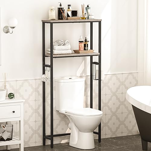 HOOBRO Over The Toilet Storage, 2-Tier Over Toilet Bathroom Organizer Shelf, with Toilet Paper Holder and Hooks, Sturdy and Durable, for Bathroom, Toilet, Greige and Black BG49TS01