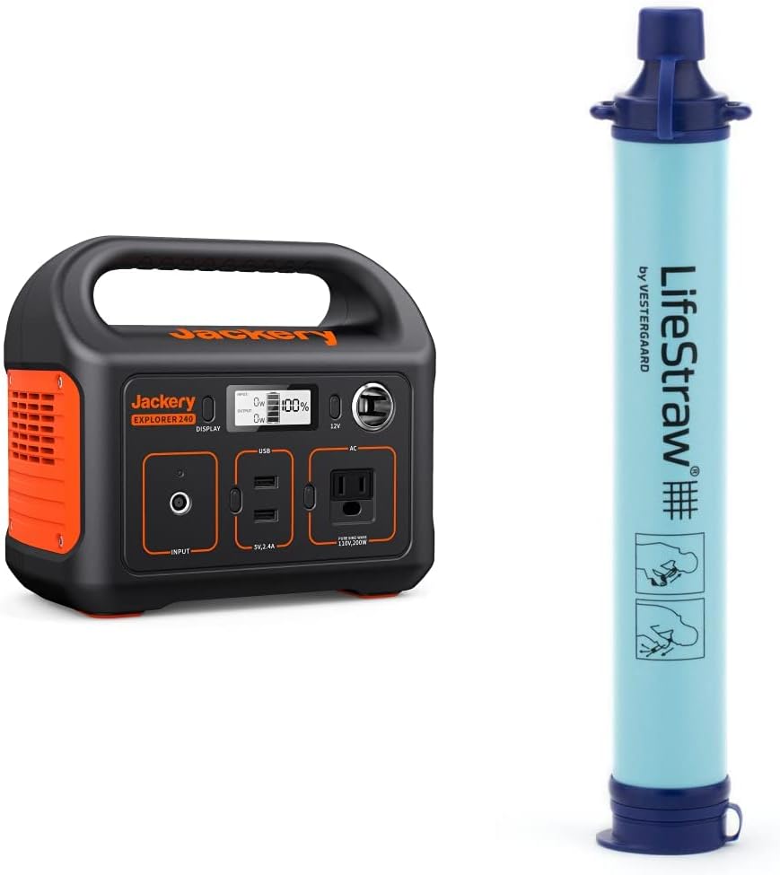 Jackery Portable Power Station Explorer 240, 240Wh Backup Lithium Battery & LifeStraw Personal Water Filter for Hiking, Camping, Travel, and Emergency Preparedness, 1 Pack, Blue