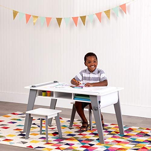 Wildkin Kids Arts and Crafts Table Set for Boys and Girls, Mid Century Modern Design, Includes Two Stools, Paper & Storage Cubbies Underneath Helps Keep Art Supplies Organized (Gray) , Grey