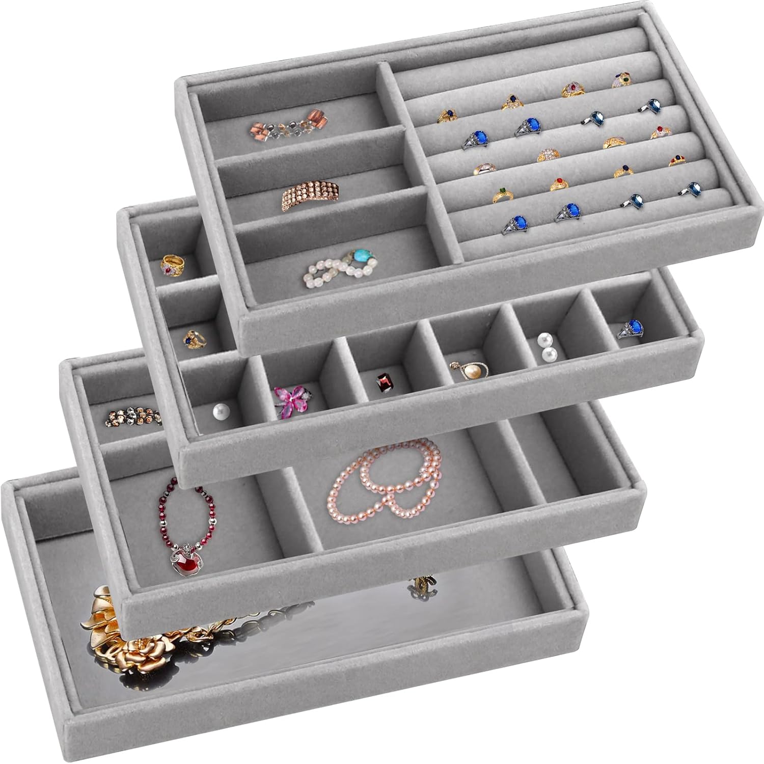 4 Pcs Stackable Jewelry Organizer Trays for Drawers, Velvet Jewelry Organizer Drawer Inserts, Ring Earring Organizer Storage Display Tray Dresser Showcase Box (Thickened Removable Dividers)