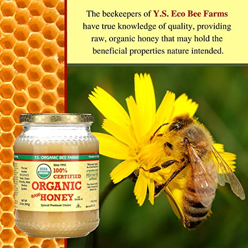 Y.S. Organic Bee Farms 100% Certified Y.S. Organic Raw Honey - Unpasteurized, Unfiltered, Pure Natural Honey - Gluten Free Organic Food Natural Sweetener - 1 Lb Honey Jar with Bonus Key Chain
