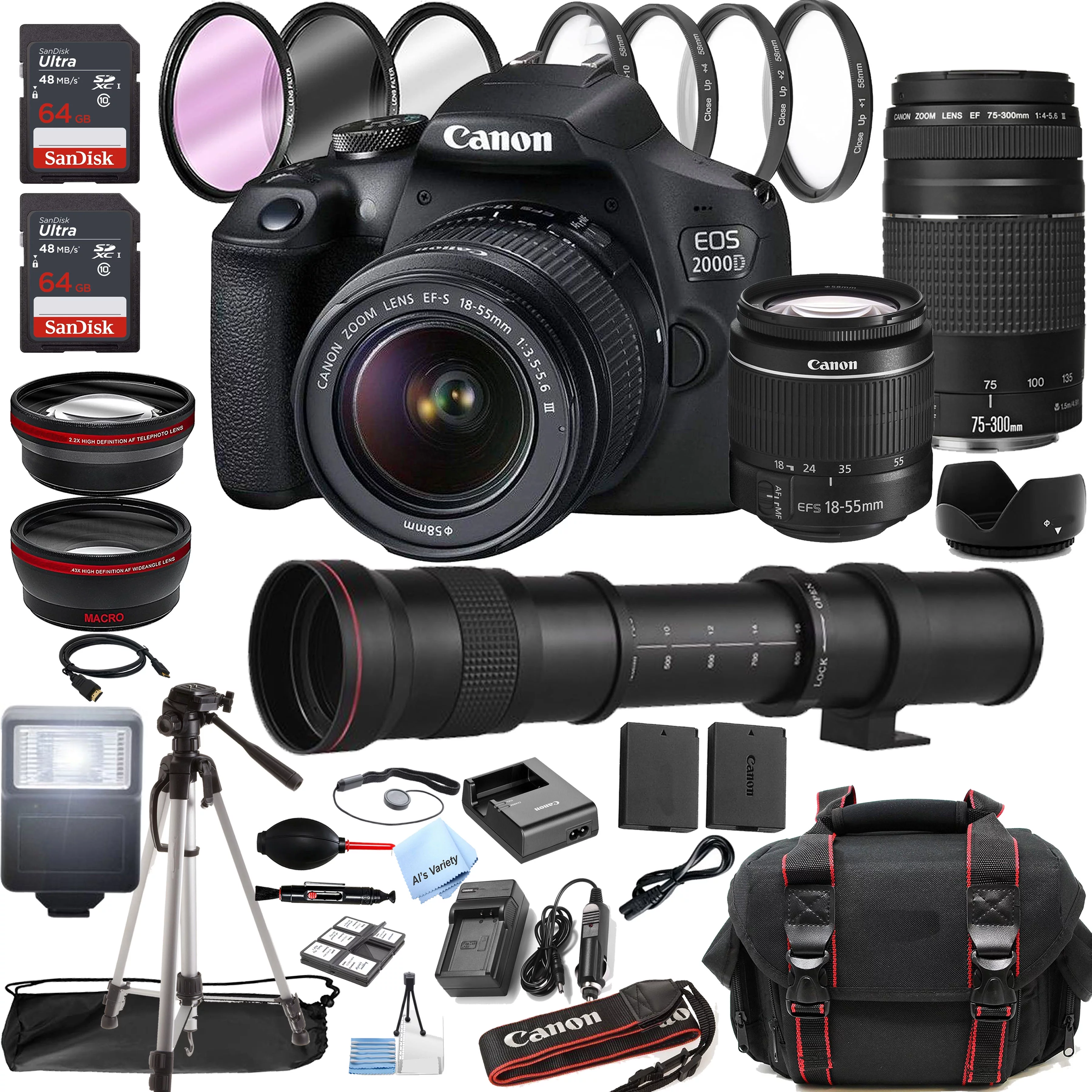 Canon EOS 2000D / Rebel T7 DSLR Camera w/18-55mm + 75-300mm Zoom Lenses + 420-800mm Super Telephoto Lens + 128GB Memory + Case + Tripod + Filters -38pc Bundle