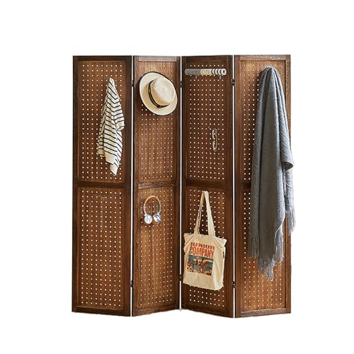 4 Panel Room Dividers and Folding Privacy Screens, 5.6Ft Wooden Pegboard Display, Privacy Dividers for Bedroom, Portable Dispxlay Board Organizer for Store, Jewelry Display, Light Brown