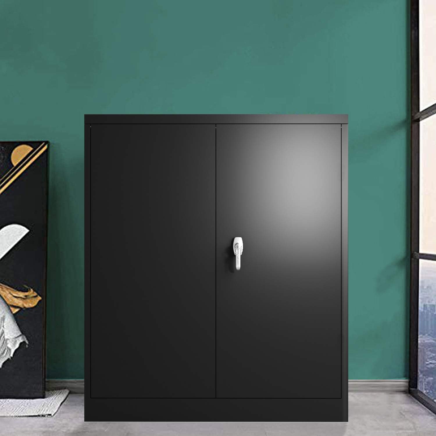 Metal Storage Cabinet,42”Steel Storage Cabinet with 2 Adjustable Shelves and 2 Doors,Black Metal Cabinet for Office, Garage and Utility Room (Black)