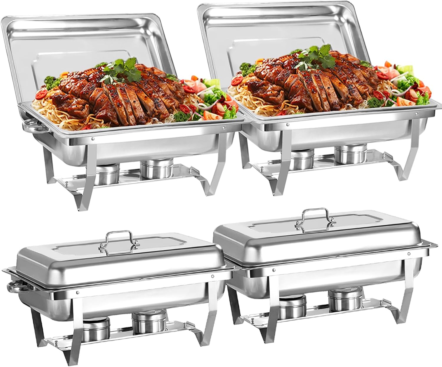 8 Qt 4 Pack Full Size Stainless Steel Chafing Dishes Buffet Set, Silver Rectangular Catering Chafer Warmer Set with Trays Pan Lid Folding Frame Stand for Kitchen Party Banquet Dining