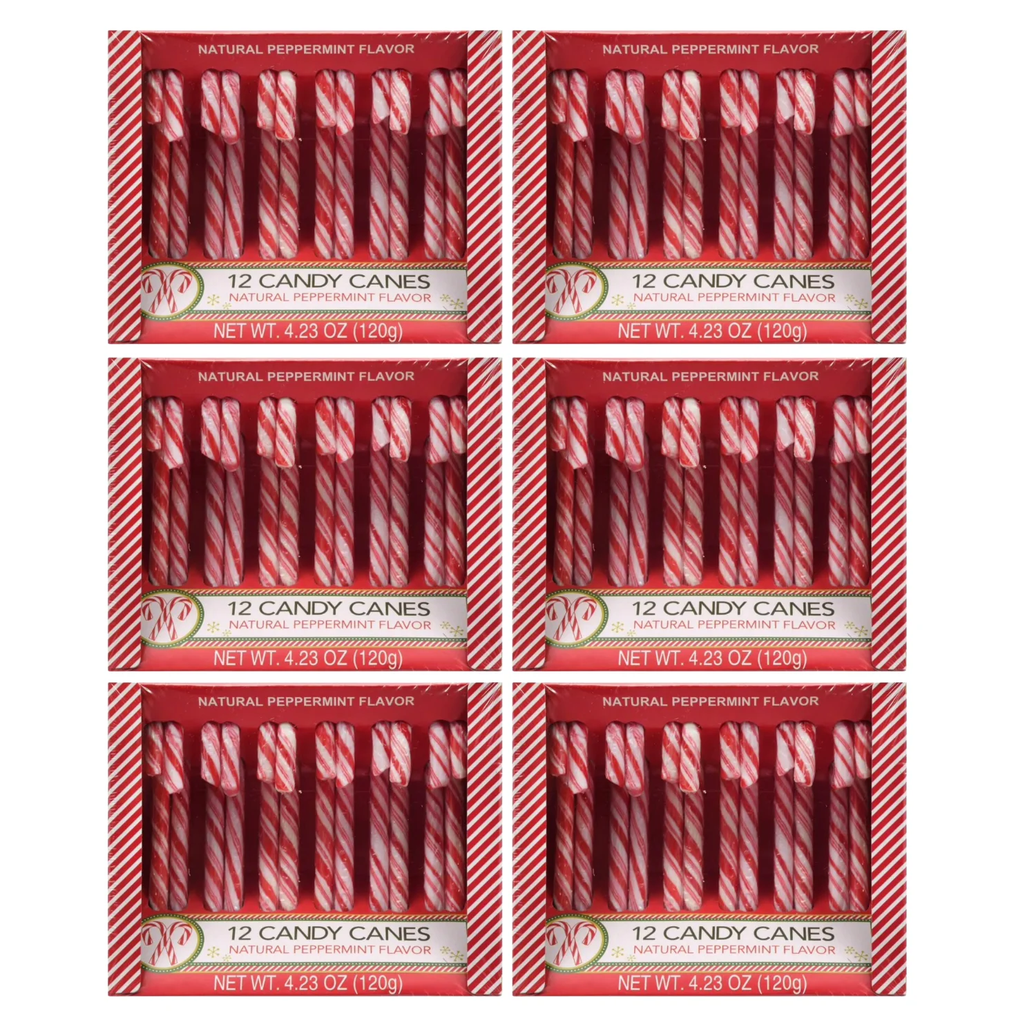 Classic Red & White Peppermint Candy Canes Natural Peppermint Flavor 12pc Holiday Candy per Box Great for Christmas Snacking Baking & Xmas Tree Decor Pack of 6 Total of 72ct & CUSTOM Storage Carrier