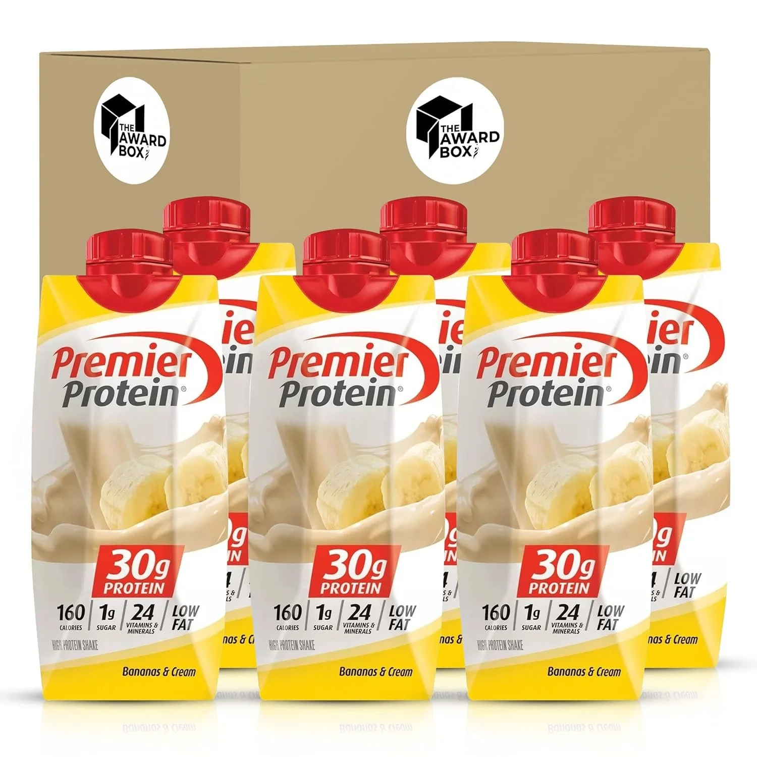 Premier Protein High Protein Shakes 11 Fl. Oz 6 Pack in The Award Box Packaging Bananas and Cream, 6 pack