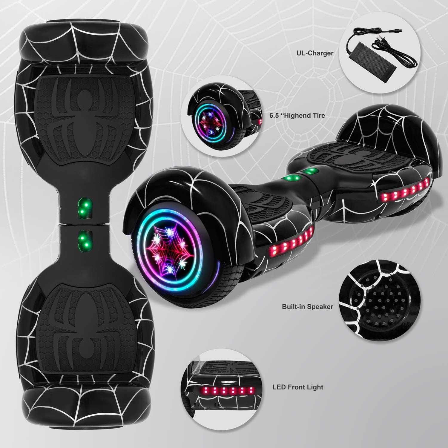 Hoverboard for Kids Adult Spider Self Balancing Hoverboard with LED Lights Wheels Speaker UL 2272 Certified Hover Board (BLACK) (Black)