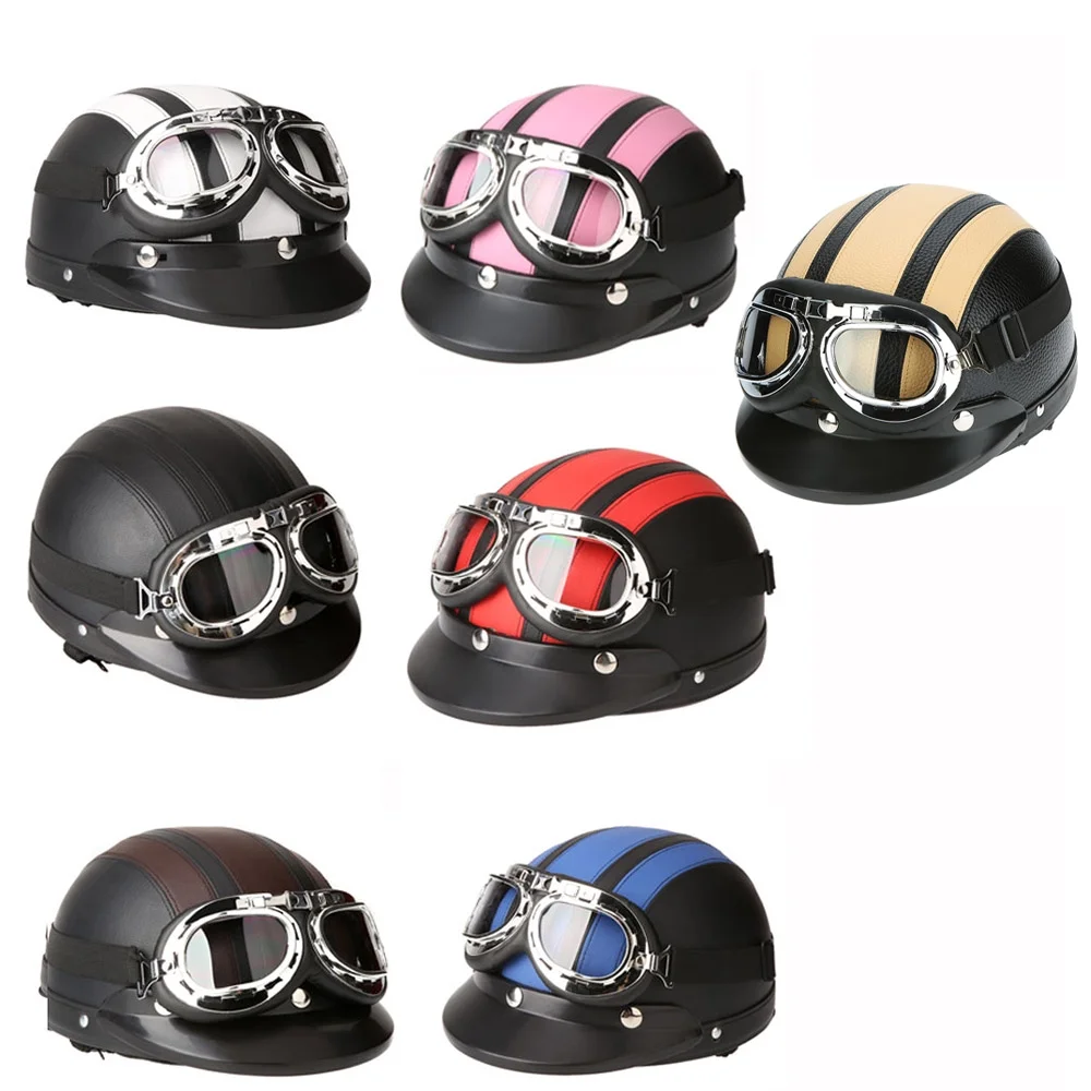 walmeck Motorcycle Scooter Open Face Half Leather with Visor Goggles Retro Vintage Style 54-60cm