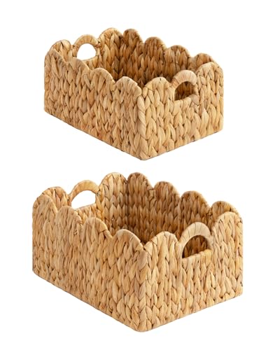 StorageWorks Scalloped Wicker Basket, Nursery Basket with Handles, Woven Rattan Baskets for Organizing, Scalloped Edge Basket Shelf Decorative, Seagrass Storage Baskets Bathroom Living Room, Set of 2