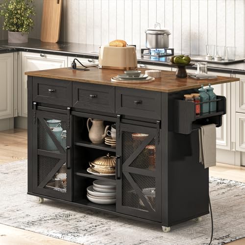Kitchen Island with Storage, Kitchen Cart with Charging Station, Rolling Kitchen Island Table with Drop-Leaf, 3 Drawers, Barn Doors, Towel Rack and Spice Rack, White and Walnut