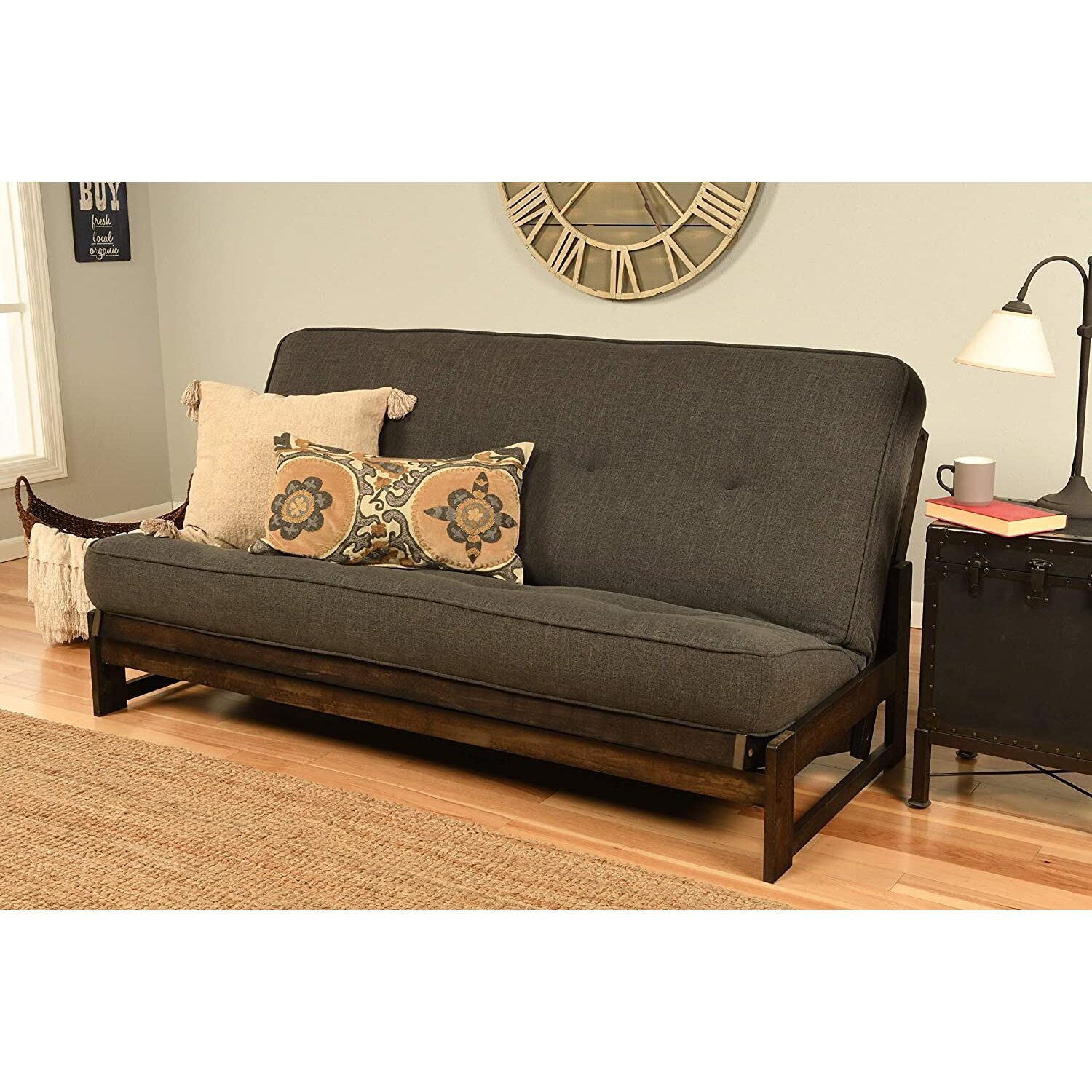Maykoosh Victorian Virtue Futon Frame-Reclaim Mocha Finish-Linen Charcoal Mattress