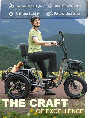 Folding Electric Tricycle for Adults, 1200W Electric Trike, 22MPH 100Miles 3 Wheel Electric Bike, Reverse Gear, Rear Differential, 450lbs Load, F&R Baskets, 4'' Wide Fat Tire, UL Certified