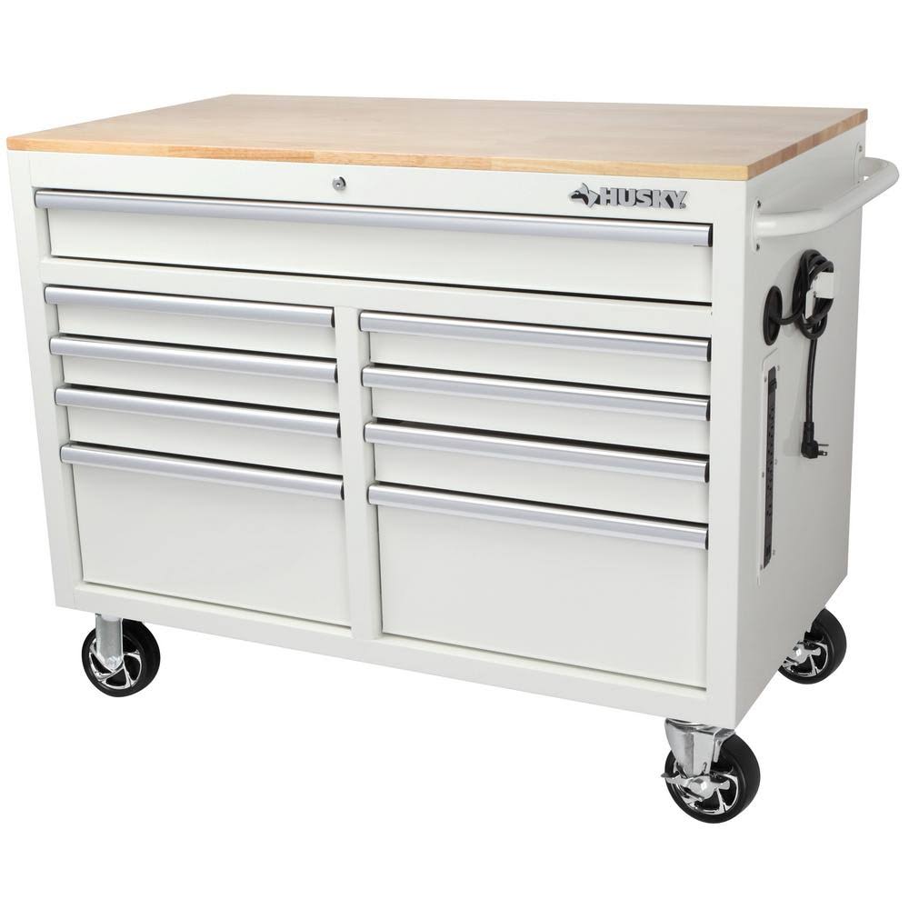 Husky 46 in. W 9-drawer, Deep Tool Chest Mobile Workbench in Gloss White with Hardwood Top, Gloss White Frame with Silver Trim