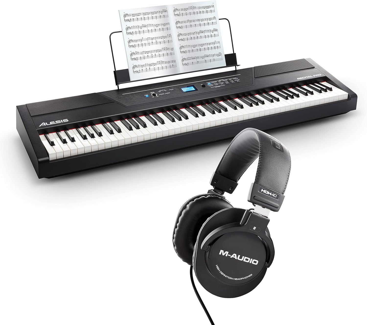Alesis Recital Pro - 88 Key Digital Piano Keyboard with Hammer Action Weighted Keys, 12 Voices, M-Audio Sustain Pedal and HDH40 Piano Headphones