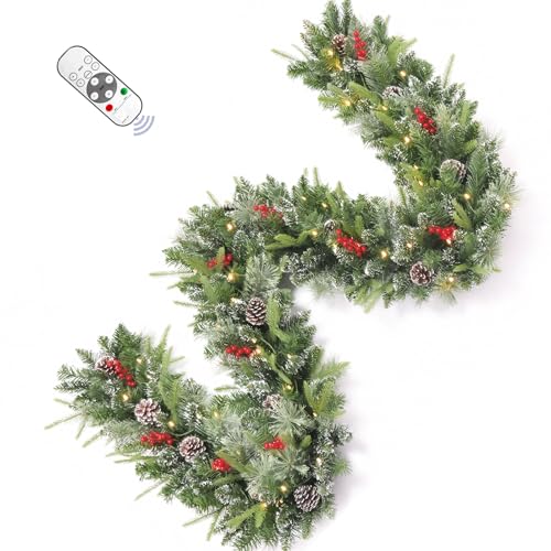 9FT Pre-Lit Artificial Christmas Garland with Dual Color LED Lights and Timer by Remote Control and Batteries Operated, Holiday Decorations, for Indoor Door Home Stairs Fireplaces Wall