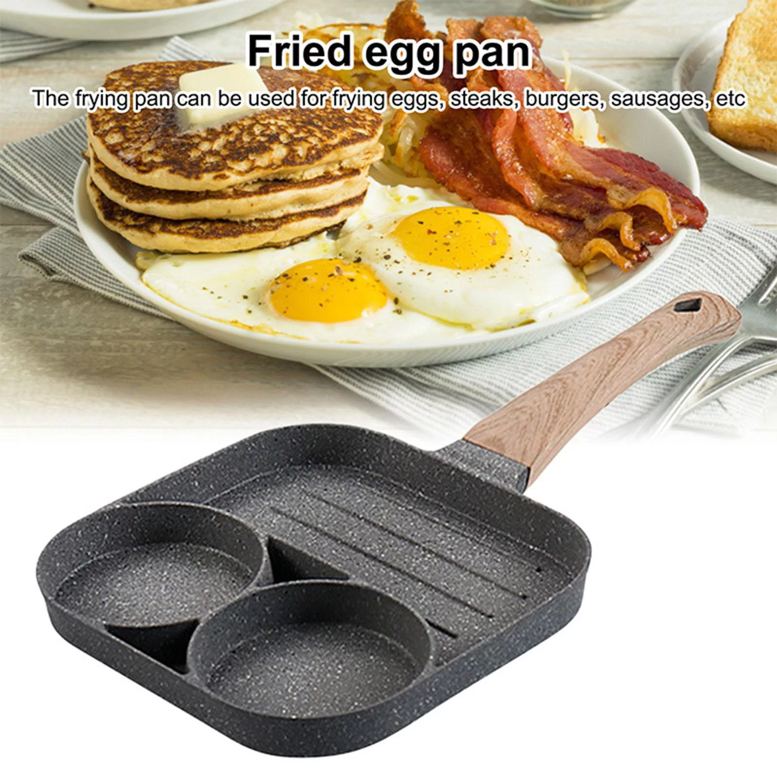 Medical Stone Egg Frying Stick 3-Cup Steak Pancake Sausage Omelet Cooker Pan with Long Kitchen Cooking Tool