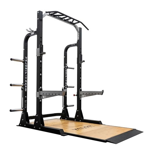 Valor Fitness Half Rack Squat Machine - 5 Position Multi-Grip Pull Up Station - Adjustable Height, Plate Storage, Bar Storage and Resistance Band Pegs – 750lbs.- Optional Weightlifting Platform Bundle