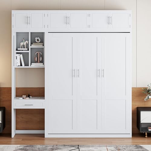 Polibi Full Size Wall Murphy Bed with Built-in Desk & Shelves - Multi-Functional Wall Bed for Small Apartments, 3 Storage Cabinets, Space Saving Foldable Bed, White