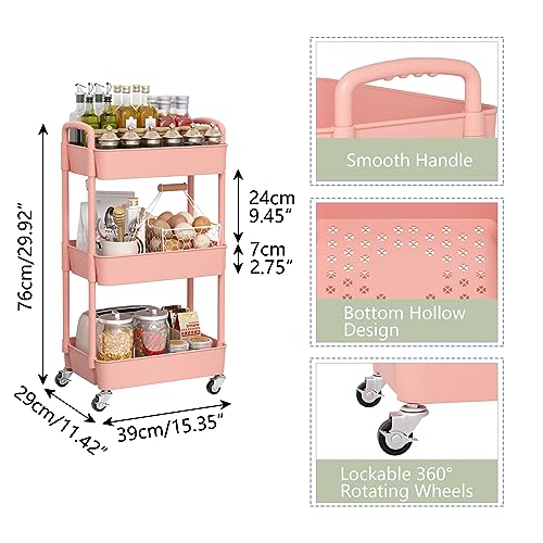 Sywhitta 3-Tier Plastic Rolling Utility Cart with Handle, Multi-Functional Storage Trolley for Office, Living Room, Kitchen, Movable Storage Organizer with Wheels, Black