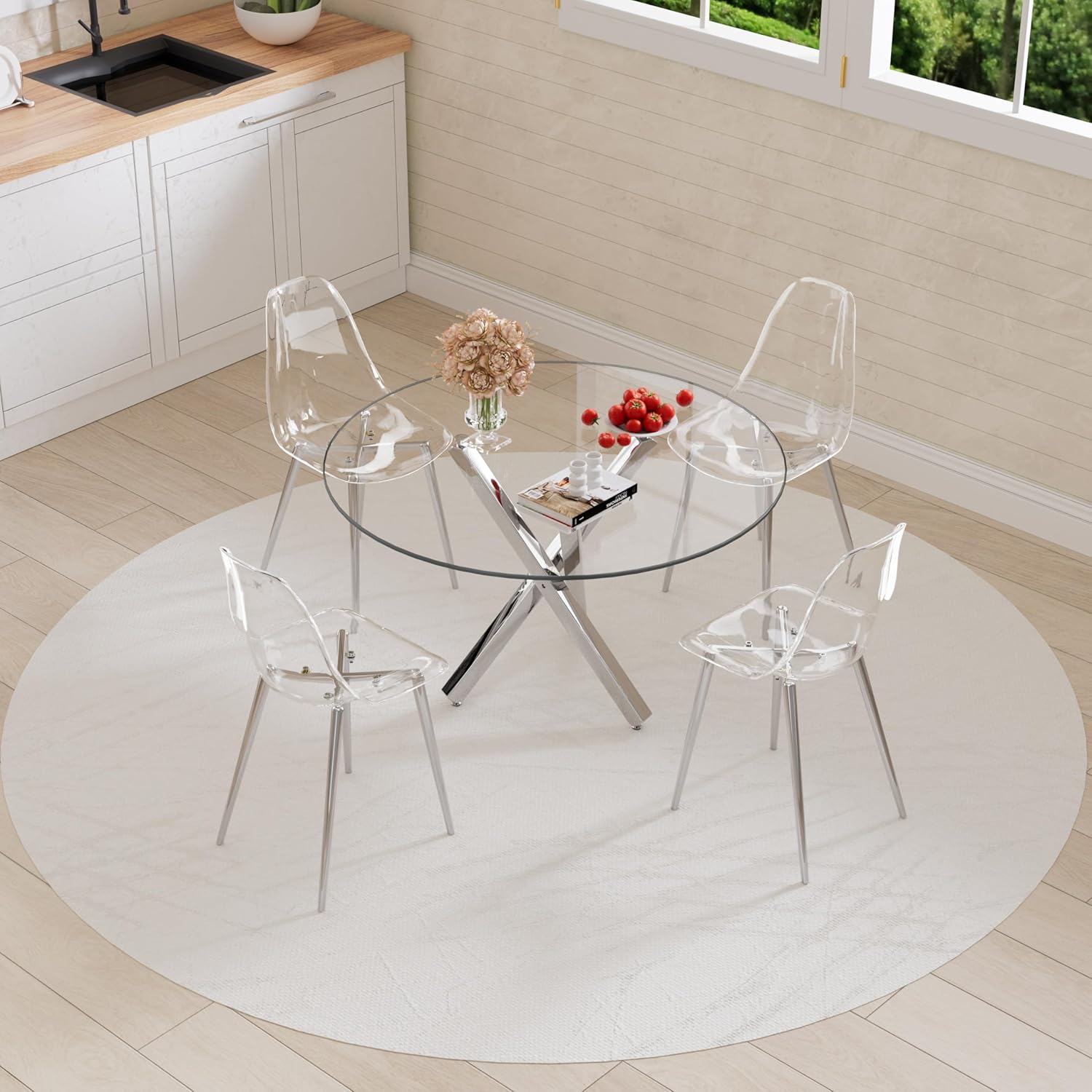 Baysitone Round Glass Dining Table Set for 4, 47'' Circle Dining Table Set, Durable Glass Dining Room Table Set with 4 Clear Acrylic Chair, Kitchen Table Chairs Set with Square Base for Home