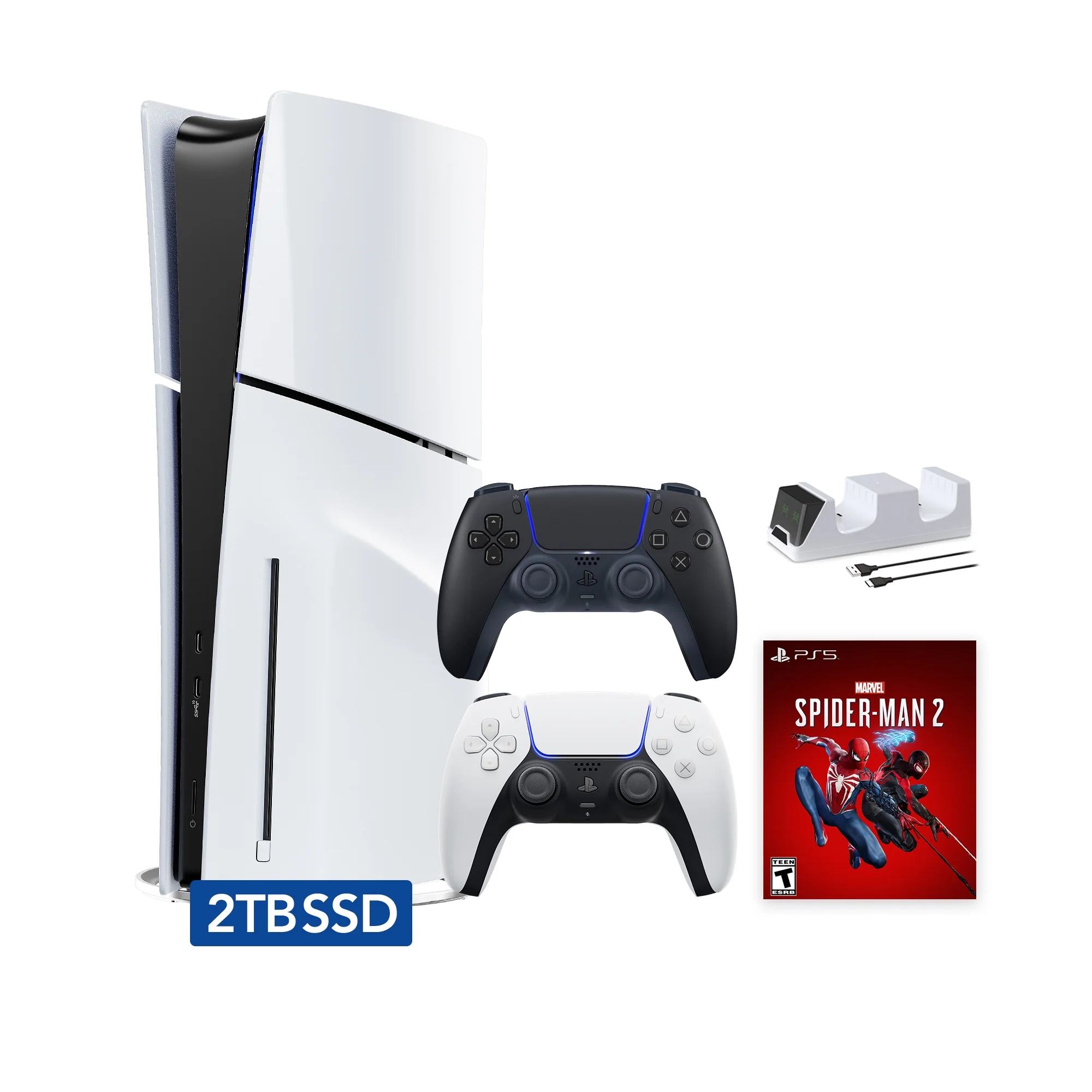 PlayStation 5 Slim Disc 2TB SSD Edition Marvel's Spider-Man 2 Bundle with Two Controllers White and Midnight Black DualSense and Mytrix Dual Controller Charger - PS5 Gaming Console