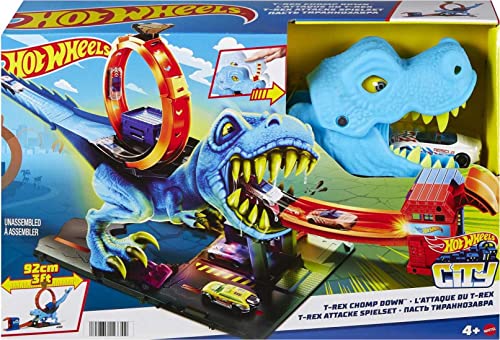 Hot Wheels City Toy Car Track Set, T-Rex Chomp Down with 1:64 Scale Vehicle, Knock Out The Giant Dinosaur with Stunts, Connects to Other Sets
