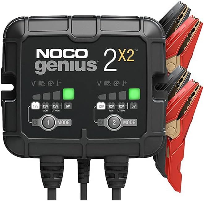 NOCO GENIUS2X2, 2-Bank, 4-Amp (2-Amp Per Bank) Fully-Automatic Smart Charger, 6V and 12V Battery Charger, Battery Maintainer, Trickle Charger, and Battery Desulfator with Temperature Compensation