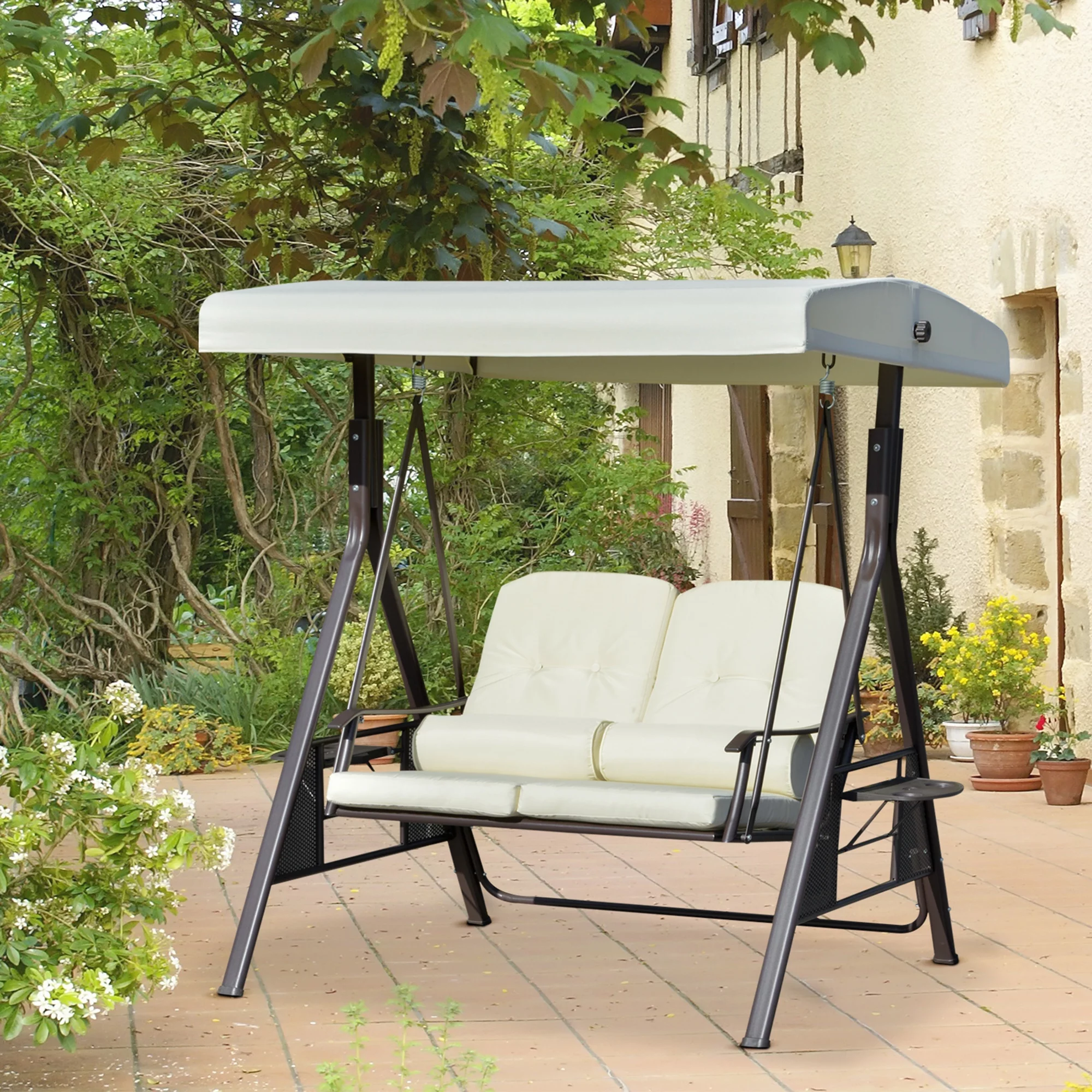 Outsunny 2-Person Patio Swing Bench with Adjustable Shade Canopy, Soft Cushions, Throw Pillows and Tray, Beige.