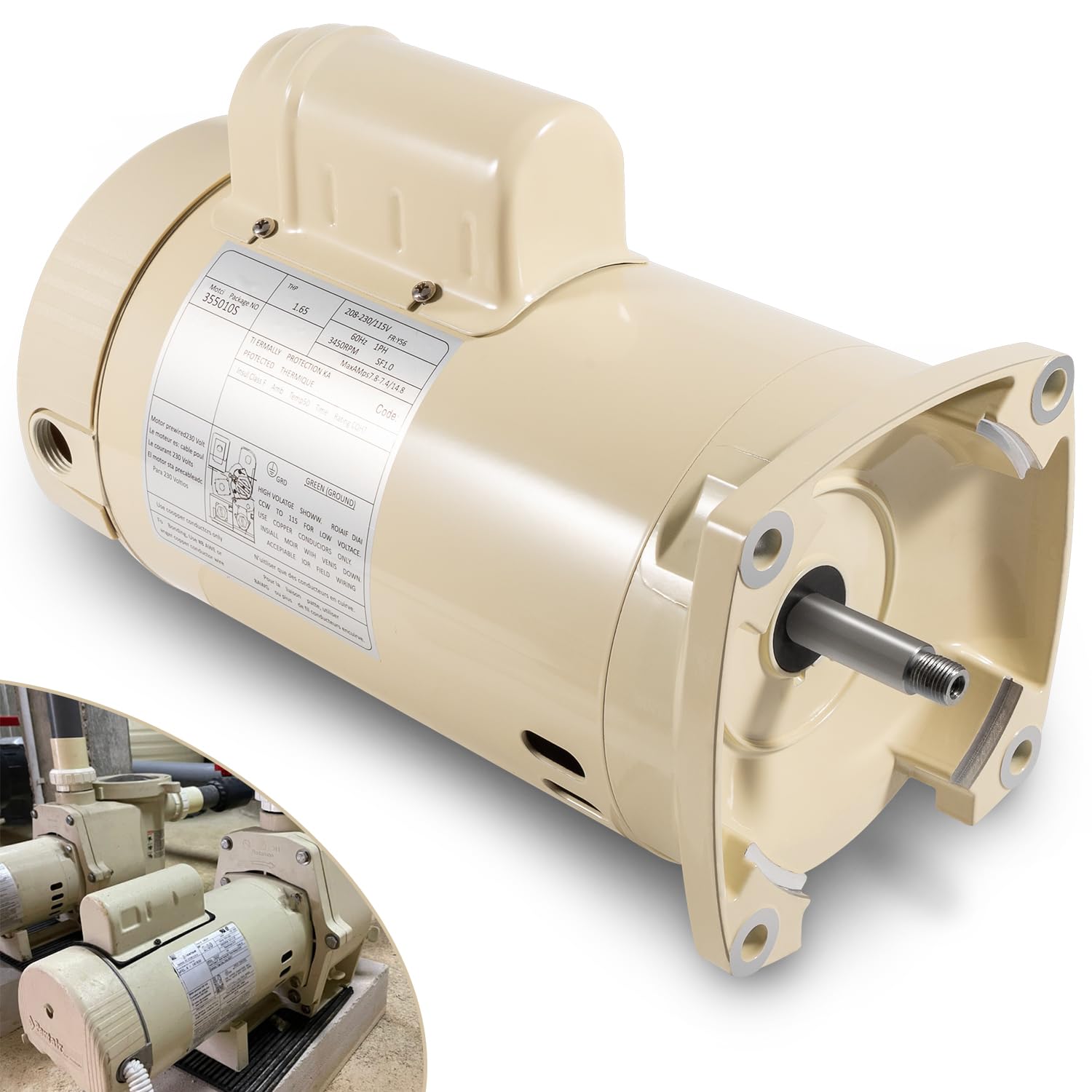 355010S Pool Pump Motor Energy Efficient Pool Pump Replacement Motor Parts for WhisperFlo High Performance Pool Pumps WFE-4 & WFE-26, 1 HP, 115/208-230 Volts, 1 Speed, SF/WF, Square Flange Pool Motor