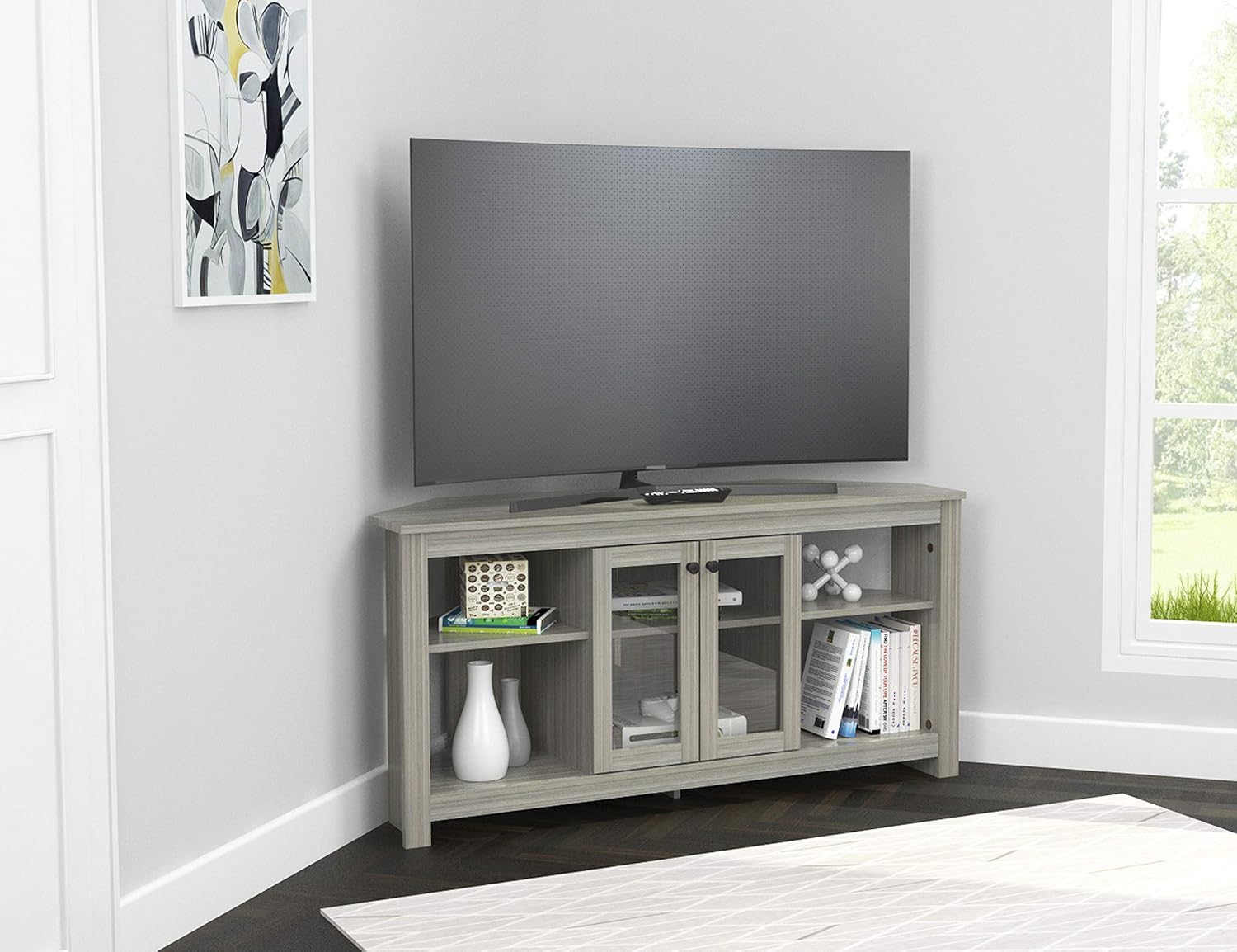 Inval Corner TV Stand with Glass Doors, Smoke Oak