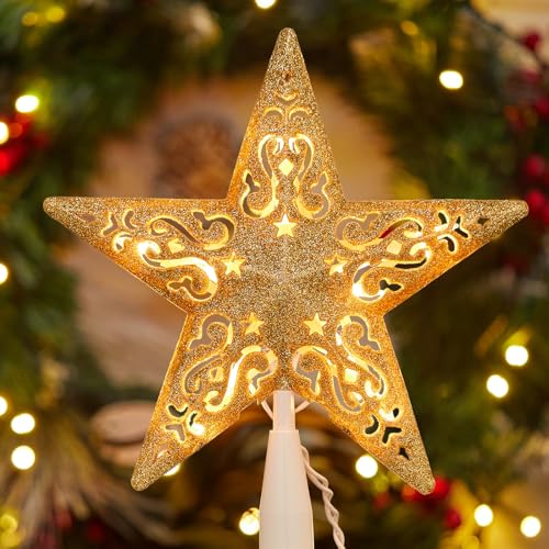 Brightown-Christmas-Tree-Topper, Christmas Star Tree Topper Lighted 3D Hollowed Gold Pentagram Built-in 10 Bulbs Golden Glitter Sparkling Plug in Vintage Indoor Holiday Xmas Decorations Ornaments