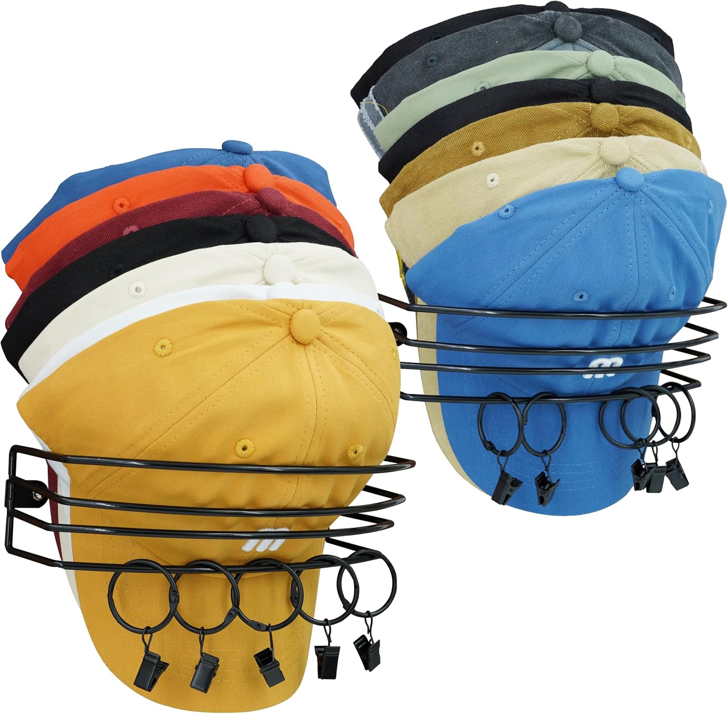 Hat Rack for Wall, 2 Packs Baseball Hat Organizer Wall Mounted Ball Cap Storage Holder with 10 Clips, Space Saver Caps Display Hanger for Closet and Door, Hold Up to 35 Caps - Black