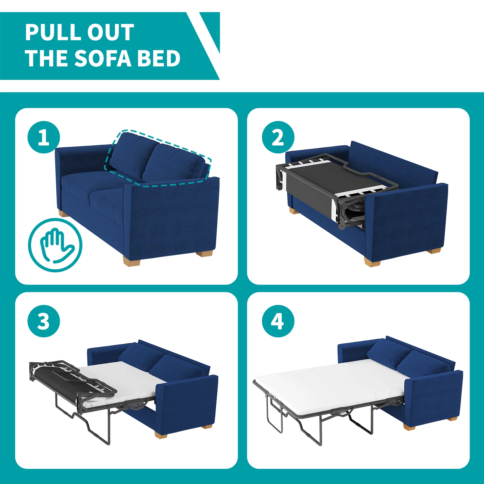 MUZZ Full Size Pull Out Sofa Bed, Velvet Sofa Couvh with Pull Out Bed, Sleeper Sofa Couch with Foam Mattress, 2-in-1 Sleeper Couch Bed for Living Room/Apartment/Small Spaces (Blue)