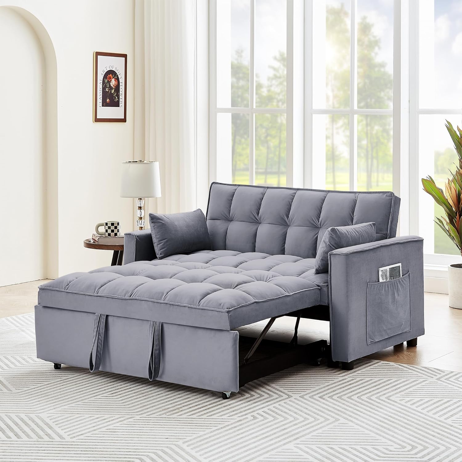 3 in 1 Tufted Convertible Sleeper Sofa Bed, Modern Velvet Futon Loveseat Couch w/Pullout Bed, Small Love Seat Lounge Daybed w/Reclining Backrest, Toss Pillows, Pockets for Living Room Small Places RV