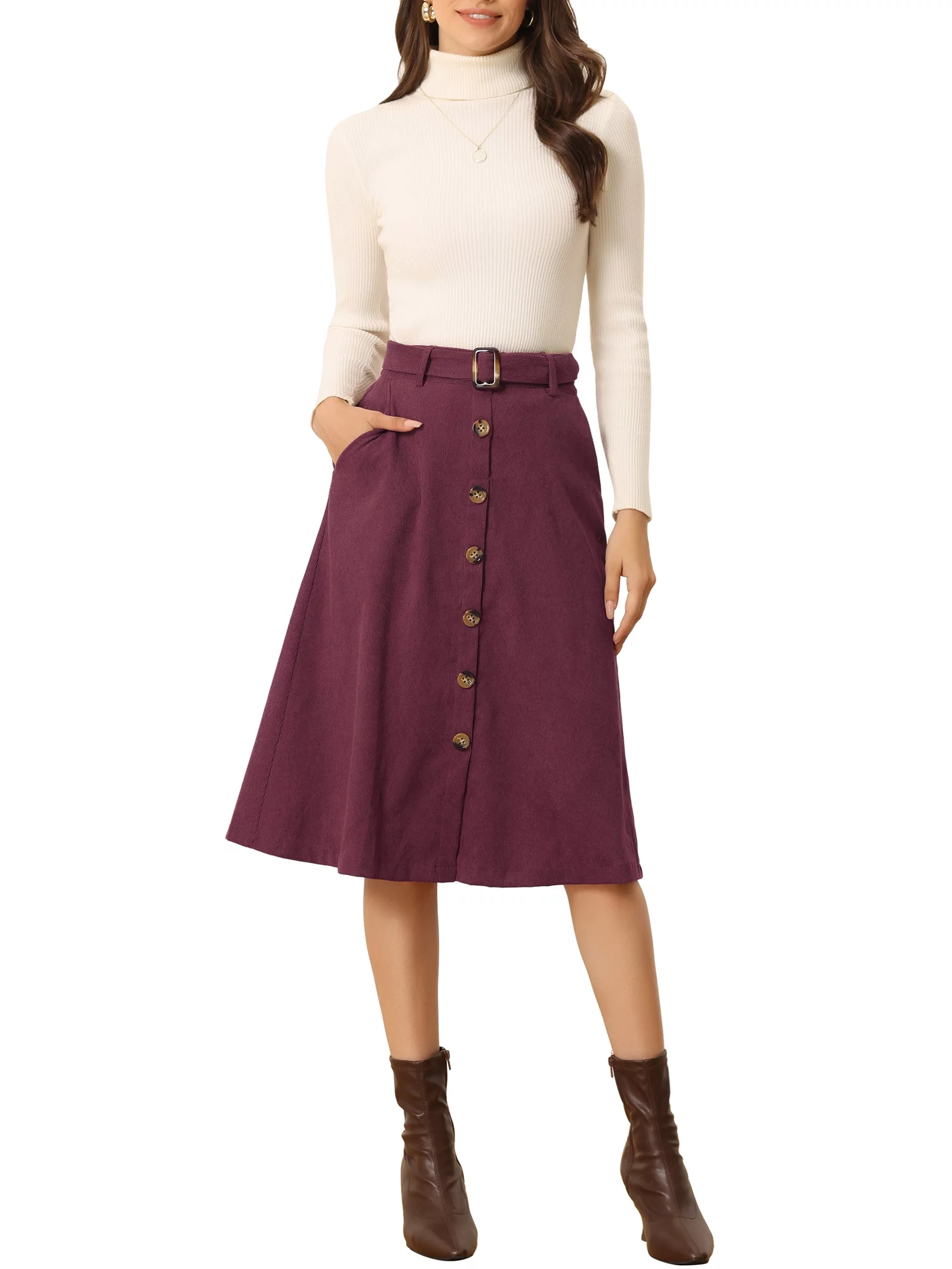 Allegra K Women's High Waist Midi Skirts A-Line Button Front Belted Corduroy Skirt