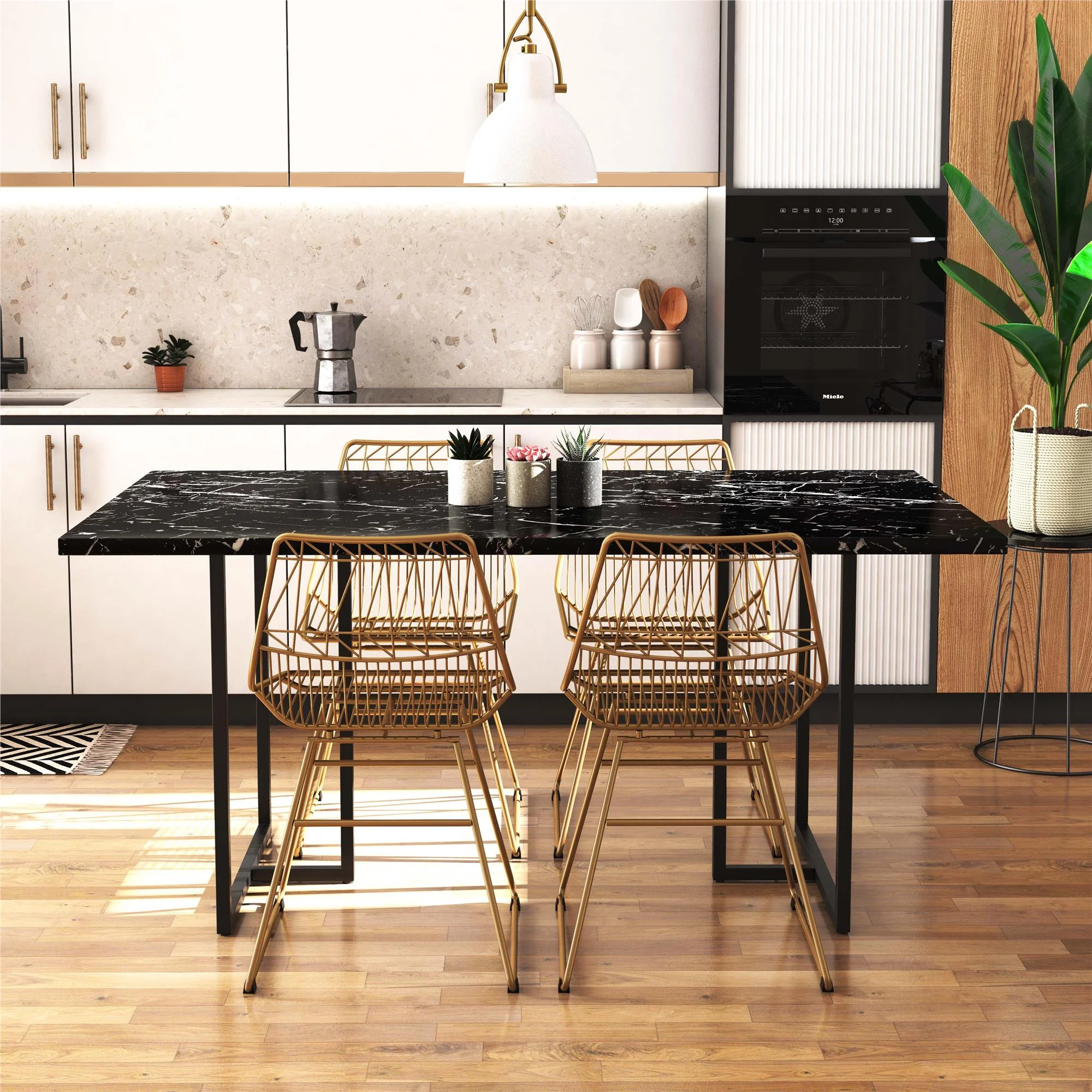 CosmoLiving Astor Dining Table, Black Marble Top with Black Legs
