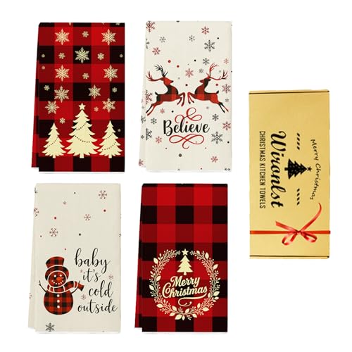 Wironlst Christmas Decor Kitchen Hand Dish Towels 4PCS,Buffalo Plaid Holiday Thickened Tea Towel 18x26 for Christmas Kitchen Indoor Decoration