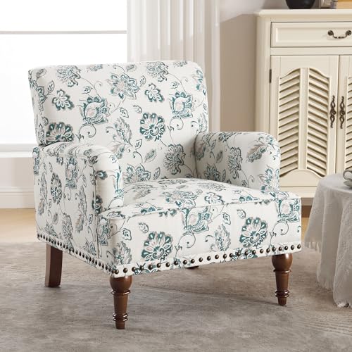 Accent Chairs for Living Room, Modern Floral Accent Chair with Arms and Vintage Legs, Comfy Side Chair Reading Armchair for Bedroom, Blue Paisley