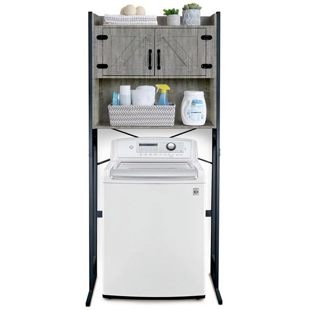 Over The Washer or Toilet Storage Cabinet w/ Height Adjustable Shelf, Laundry Room & Bathroom Organizer Rack, 2-Door Freestanding Deluxe Space Saver, Gray