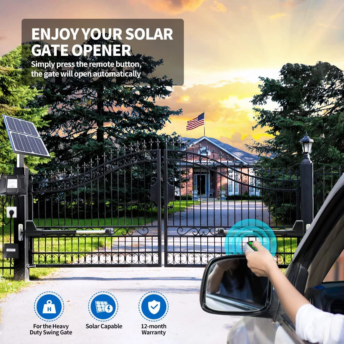 TOPENS AT12132S Solar Dual Swing Gate Opener Heavy Duty Automatic Gate Motor for Double Swing Gates Up to 18ft per Arm, Electric Driveway Gate Operator AC Powered with Solar Panel Remote Control Kit