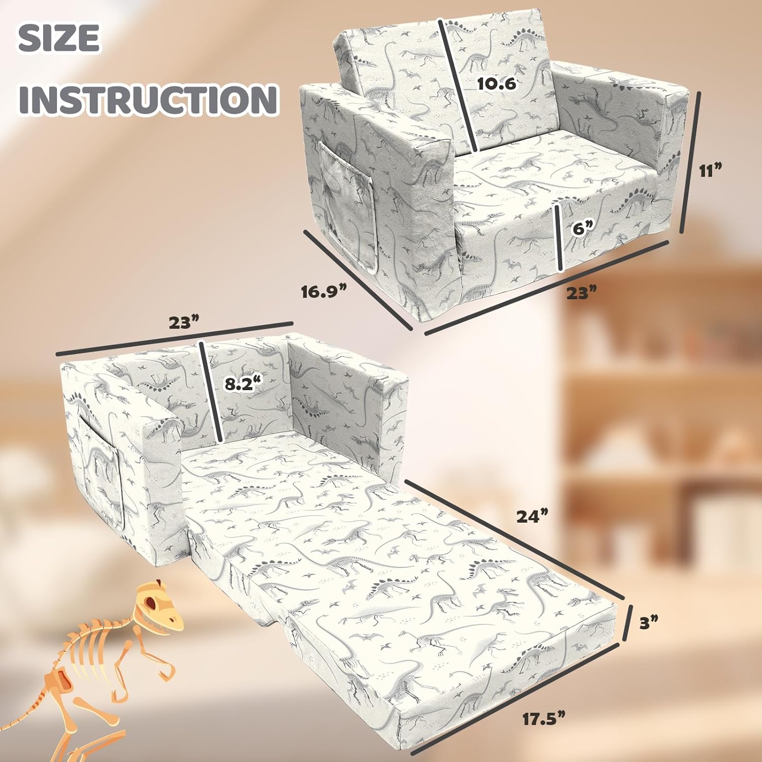 2 Seats Convertible Sofa, Extra Soft Polyester Kids Sofa with Folding Sleeper & Cute Dinosaur Print+ Comfy Flip-Out Couch Chair/Sleeper Bed for Toddler Boys and Girls (Dinasour Fossil)