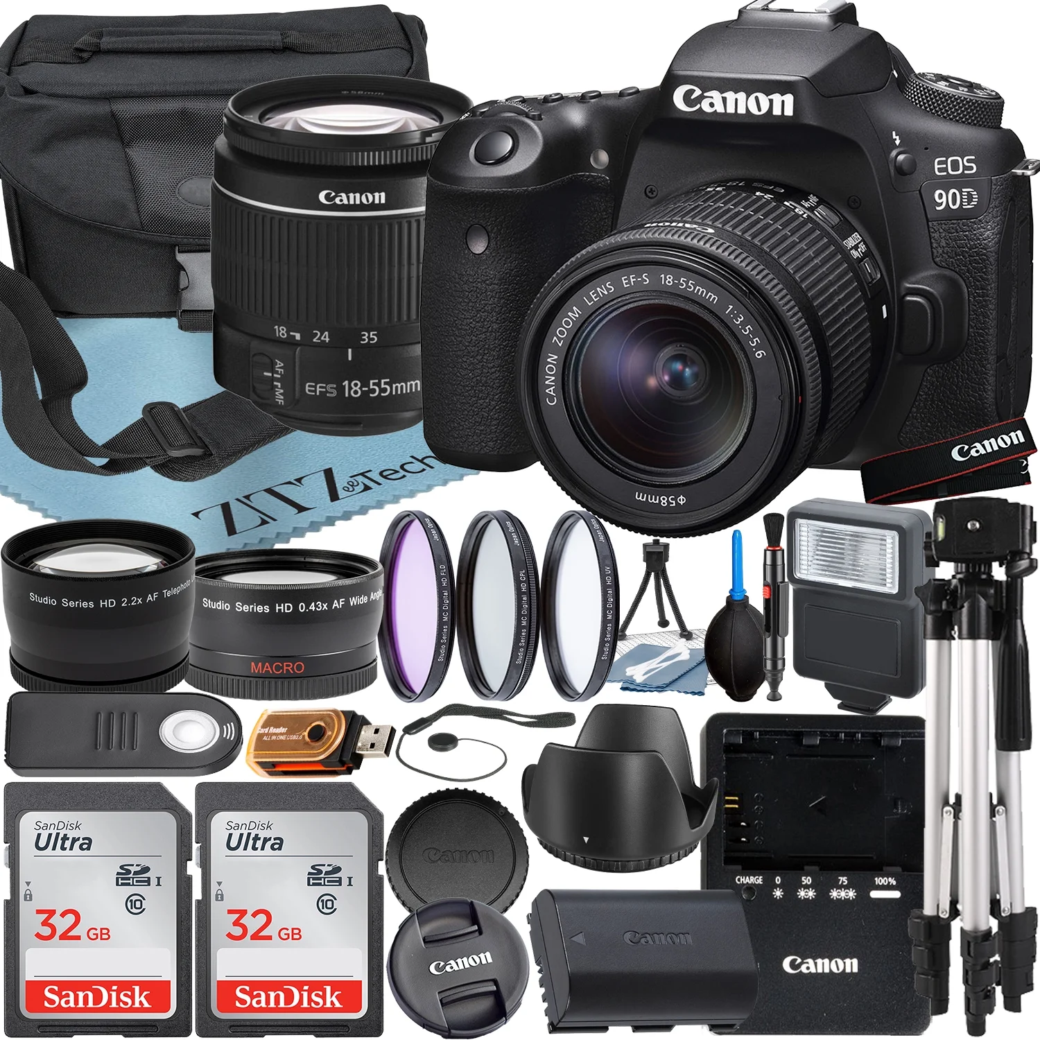 Canon EOS 90D DSLR Camera with 18-55mm Lens + SanDisk 32GB Card + Case + Wideangle + Tripod + ZeeTech Accessory Bundle - Curated Treasures Market