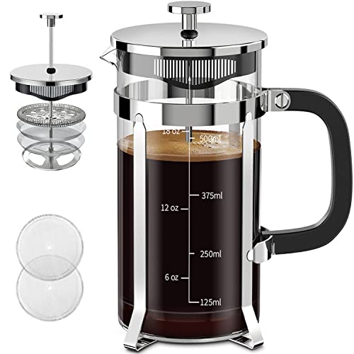 QUQIYSO French Press Coffee Maker 304 Stainless Steel Coffee Press with 4 Filter, Heat Resistant Durable, Easy to Clean, Borosilicate Glass Coffee Press, 100% BPA Free Teapot