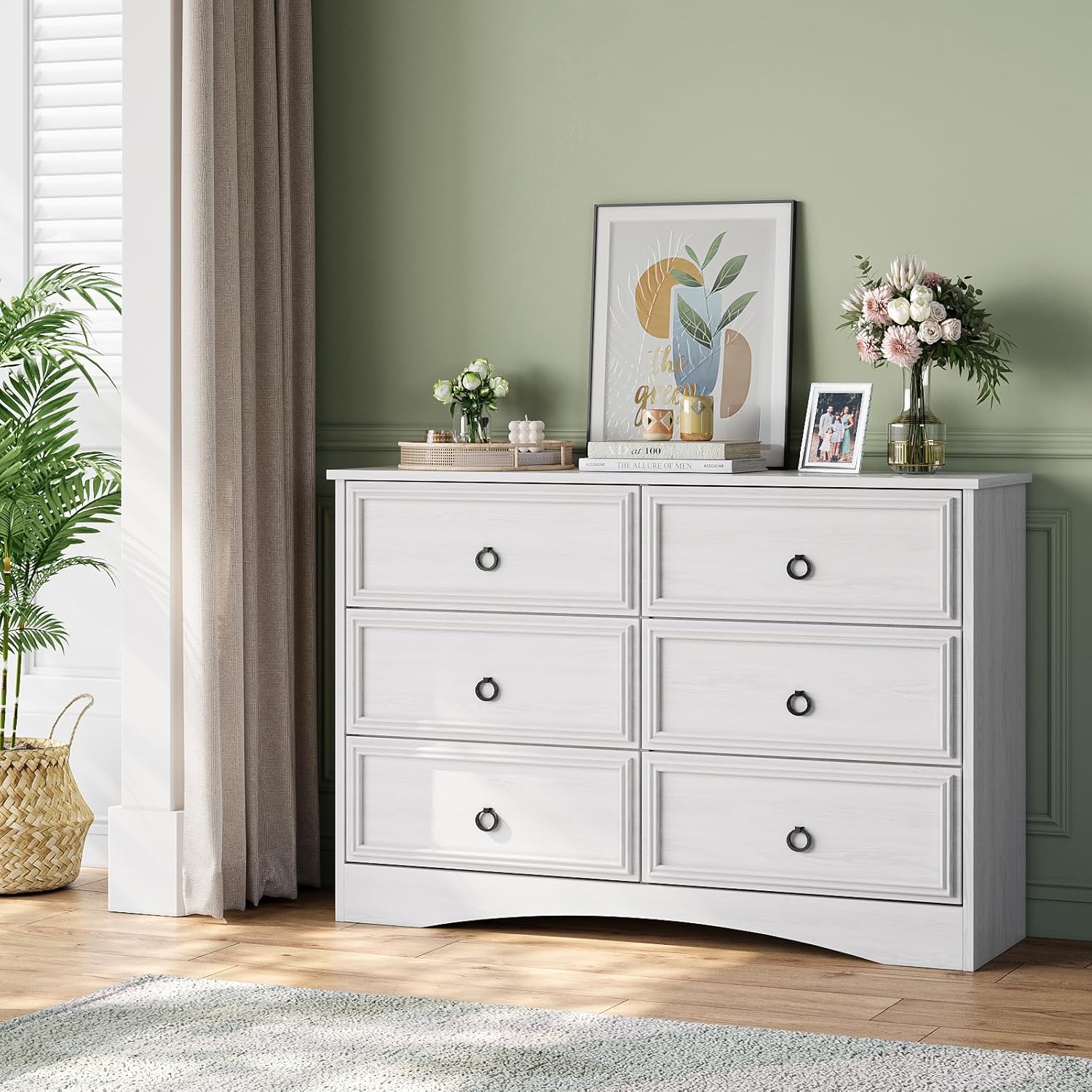 Modern 6 Drawer Dresser, Dressers for Bedroom, Large Chest of Drawers Closet Organizers and Storage Clothes - Easy Pull Handle, Textured Borders Living Room, Hallway, White