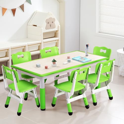 Kids Table and Chairs Set, Height Adjustable Desk with 6 Seats for Ages 2-10,Arts & Crafts Table,Graffiti Desktop, Non-Slip Legs, Max 300lbs, Children Multi-Activity Table for Classrooms,Daycares,Home