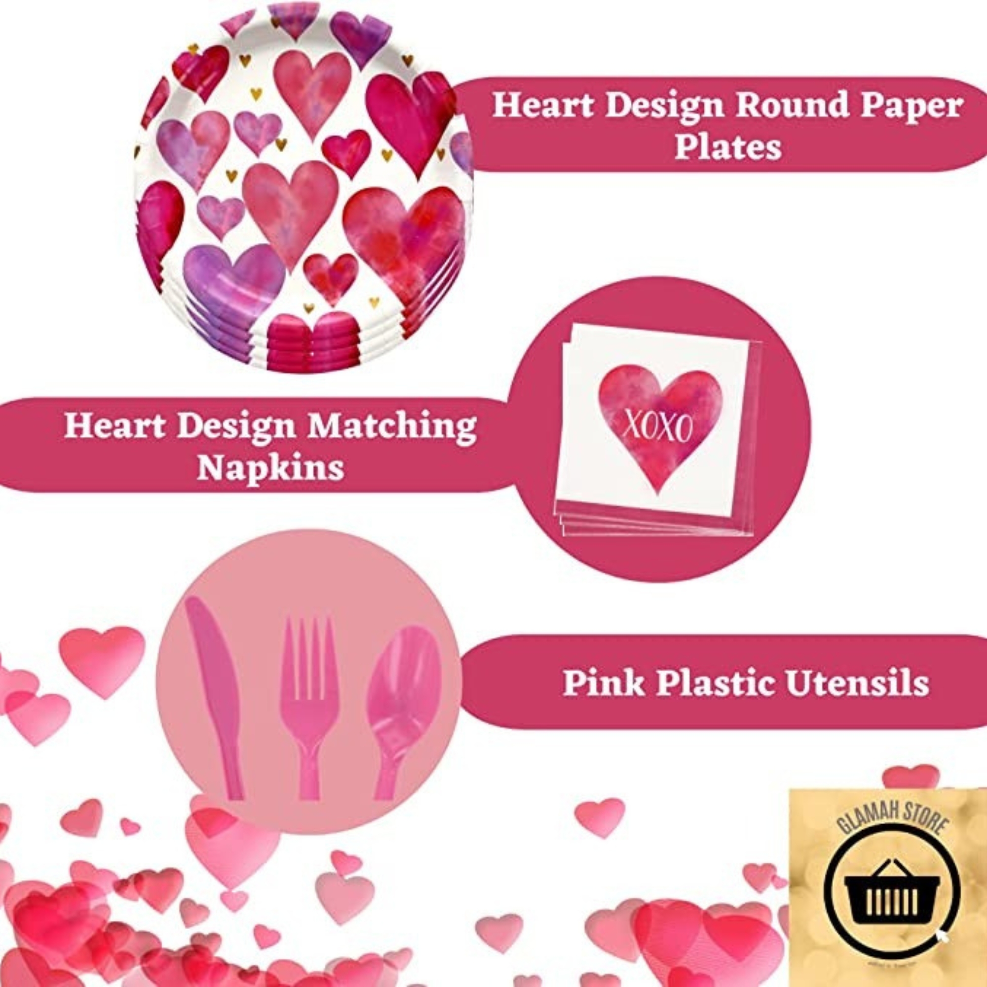 A1 UNLIMITED Valentine Heart Design Round Paper Plates with Matching Napkins and Pink Plastic Utensils Home Kitchen Party Favor for Valentine's Day Romantic Date Disposable Tableware Set of 3